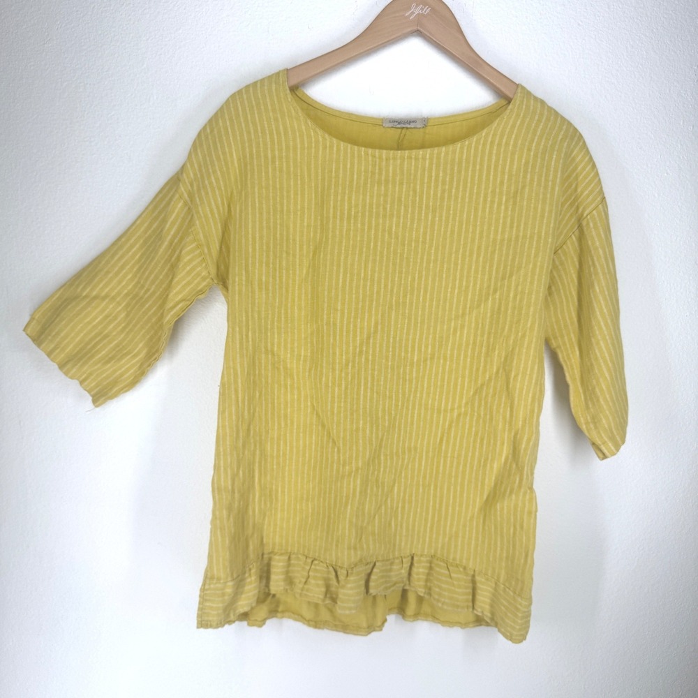 Lungo L'Arno Yellow Striped 100% Linen Ruffle Hem Top‎ Italy Medium Lagenlook
